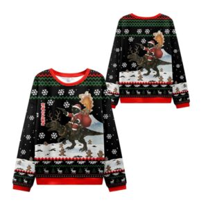 Alternative view of 2025 Christmas Cat Riding A Dinosaur Ugly Sweater - Grishko.com