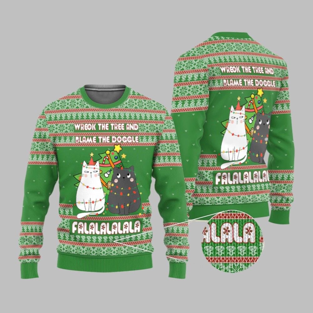 2025 Christmas Cat Wreck The Tree And Blame The Doggle Ugly Christmas Sweater - Grishko.com