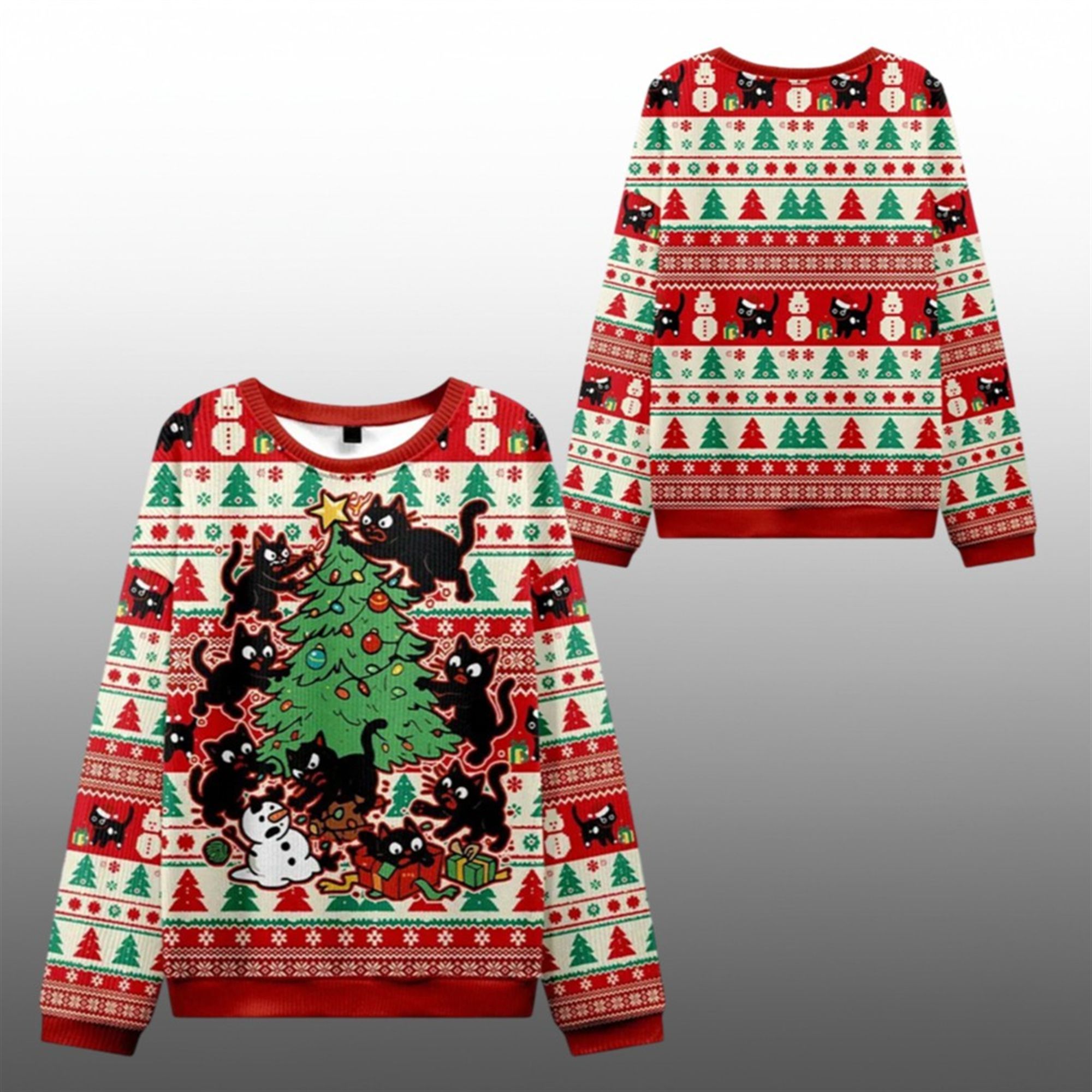 2025 Christmas Cats Destroying Christmas Tree Ugly Sweater - Grishko.com
