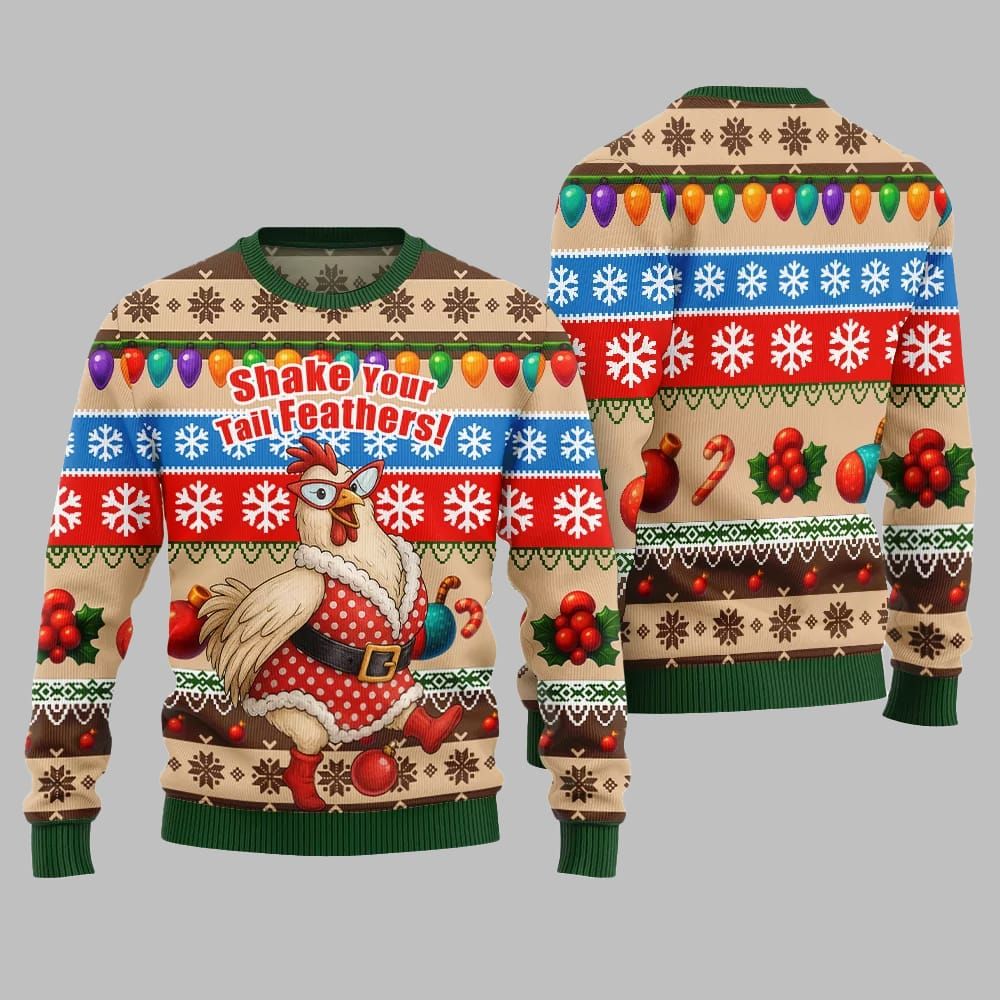 2025 Christmas Chicken Shake Your Tail Feathers Ugly Christmas Sweater - Image 5