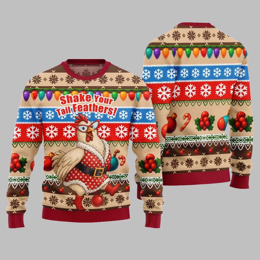 2025 Christmas Chicken Shake Your Tail Feathers Ugly Christmas Sweater - Image 3