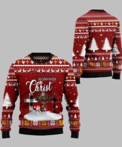 2025 Christmas Christian Begins With Christ Ugly Christmas Sweater  