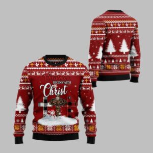 2025 Christmas Christian Begins With Christ Ugly Christmas Sweater - Grishko.com