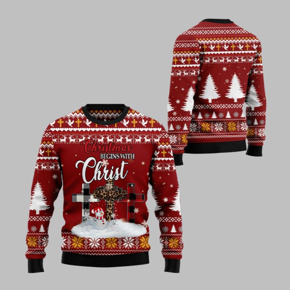 2025 Christmas Christian Begins With Christ Ugly Christmas Sweater - Grishko.com