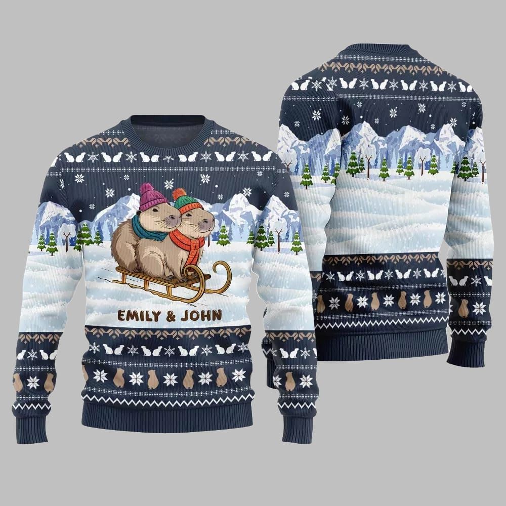 2025 Christmas Couple Capybaras Ugly Christmas Sweater - Grishko.com