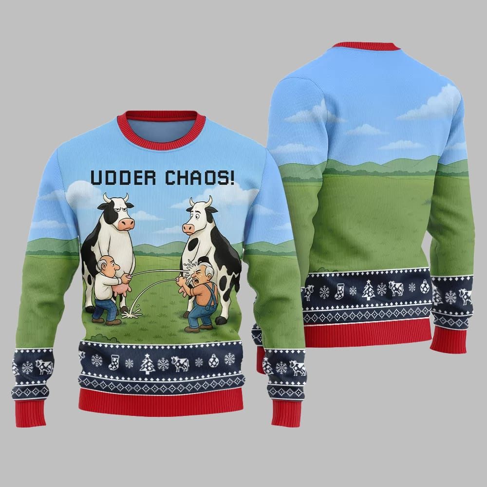 2025 Christmas Cow Udder Chaos Ugly Christmas Sweater - Image 3