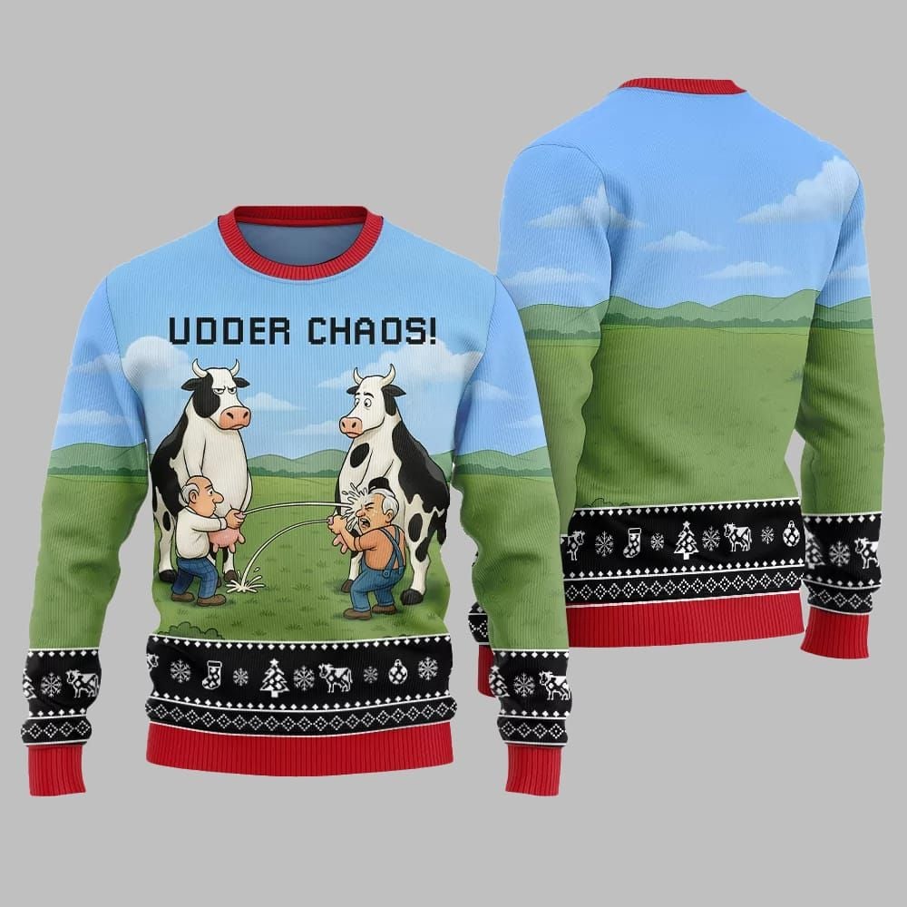 2025 Christmas Cow Udder Chaos Ugly Christmas Sweater - Grishko.com