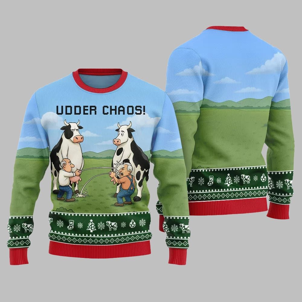 2025 Christmas Cow Udder Chaos Ugly Christmas Sweater - Image 4