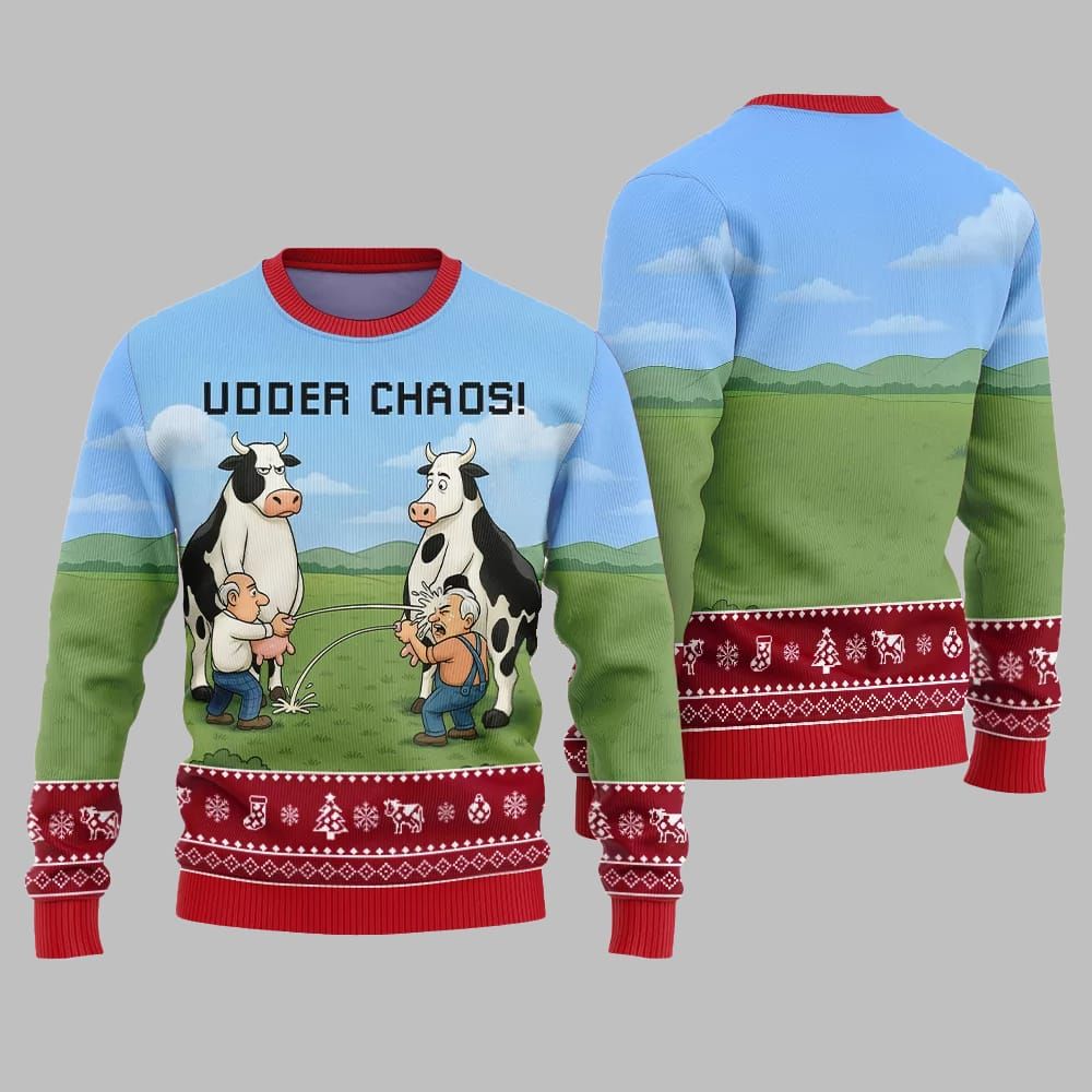 2025 Christmas Cow Udder Chaos Ugly Christmas Sweater - Image 5