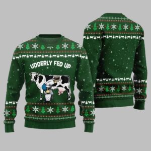 Alternative view of 2025 Christmas Cow Udderly Fed Up Ugly Christmas Sweater - Grishko.com