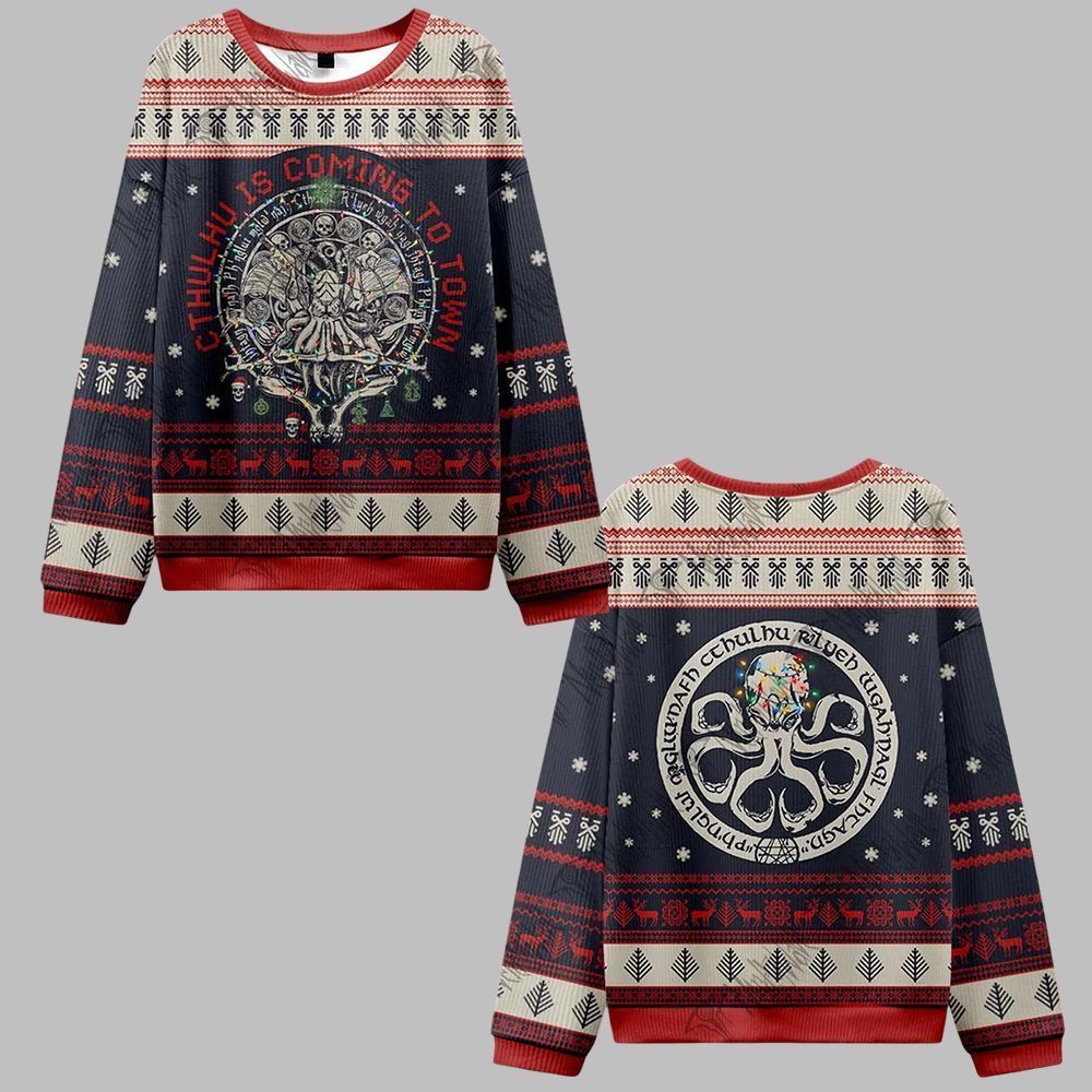 2025 Christmas Cthulhu Is Coming To Town Ugly Christmas Sweater - Grishko.com