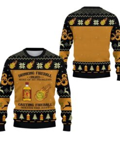 Alternative view of 2025 Christmas DND Drinking Fireball Solves Most Of Problems Ugly Sweater  