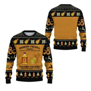 Alternative view of 2025 Christmas DND Drinking Fireball Solves Most Of Problems Ugly Sweater - Grishko.com