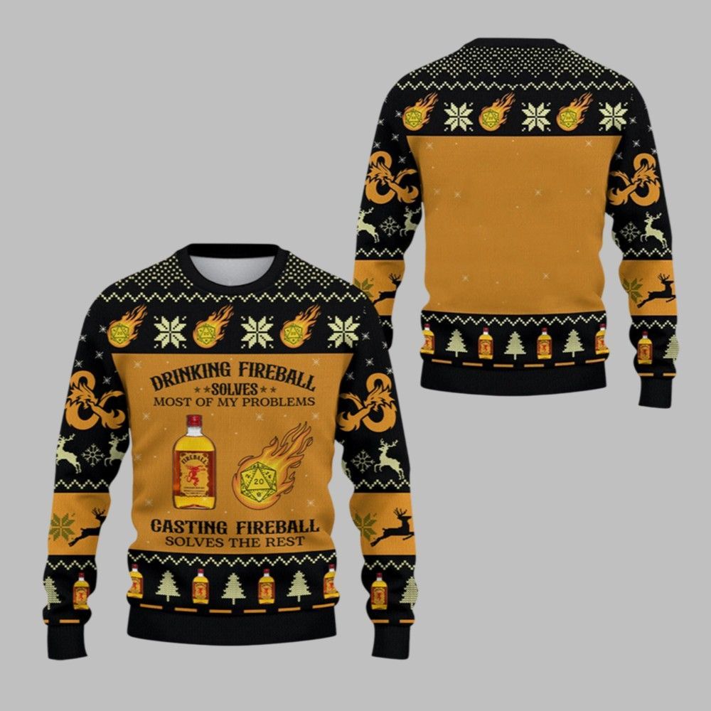 2025 Christmas DND Drinking Fireball Solves Most Of Problems Ugly Sweater - Grishko.com