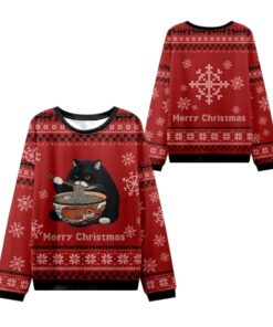 Alternative view of 2025 Christmas Fat Cat Eating Ramen Ugly Sweater  