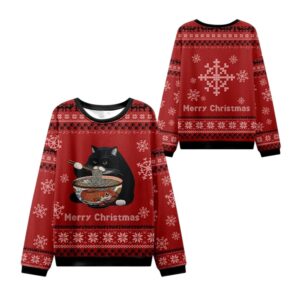 Alternative view of 2025 Christmas Fat Cat Eating Ramen Ugly Sweater - Grishko.com