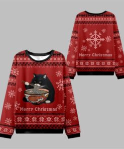 2025 Christmas Fat Cat Eating Ramen Ugly Sweater  