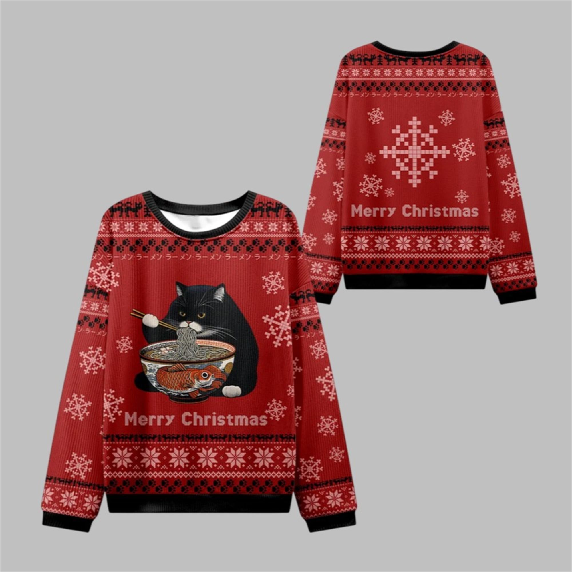 2025 Christmas Fat Cat Eating Ramen Ugly Sweater - Grishko.com