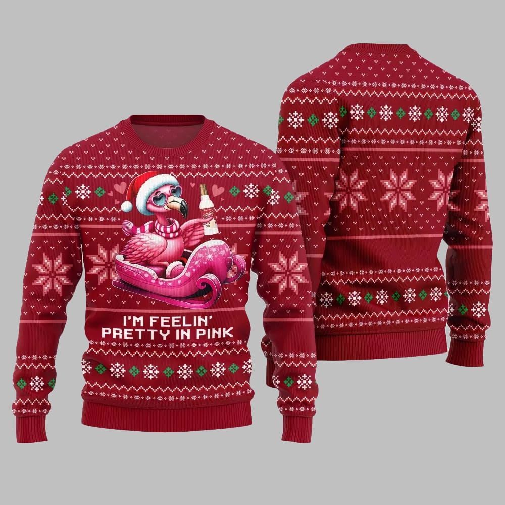 2025 Christmas Flamingo Im Feelin Pretty In Pink Ugly Christmas Sweater - Grishko.com - Image 4
