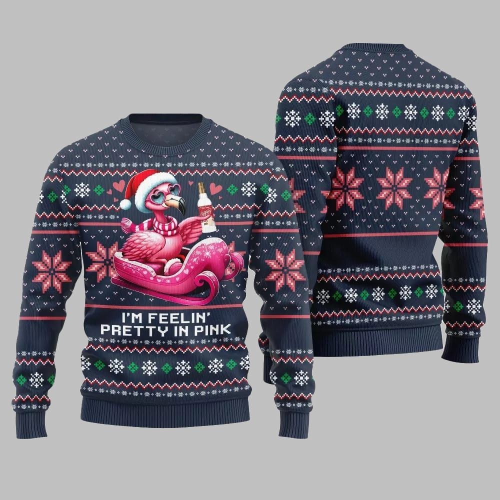 2025 Christmas Flamingo Im Feelin Pretty In Pink Ugly Christmas Sweater - Grishko.com - Image 5