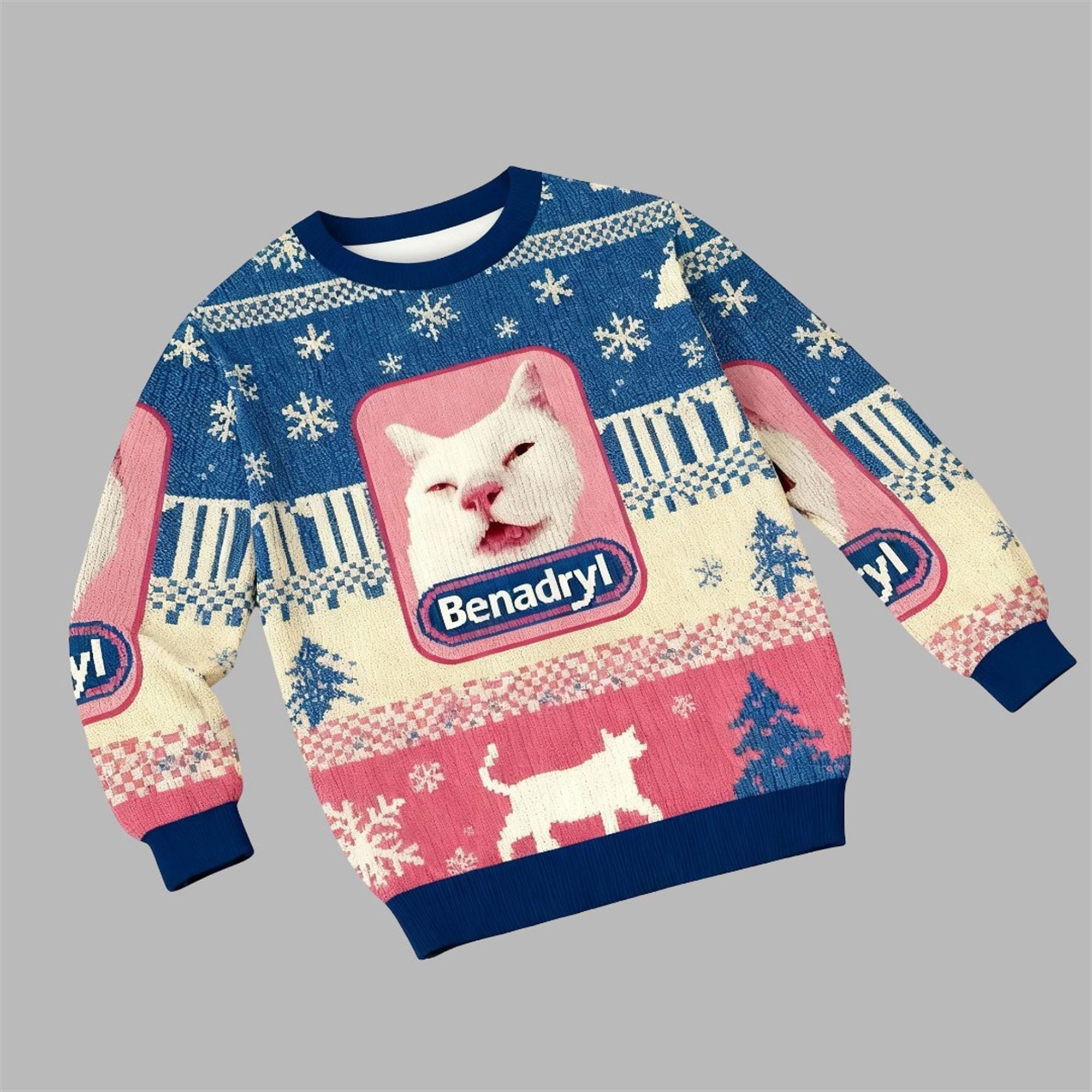2025 Christmas Funny Benadryl Meme Cat Ugly Sweater - Grishko.com