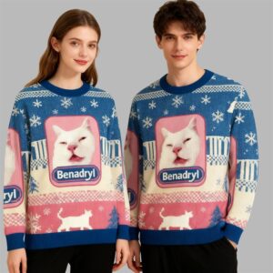 Alternative view of 2025 Christmas Funny Benadryl Meme Cat Ugly Sweater - Grishko.com