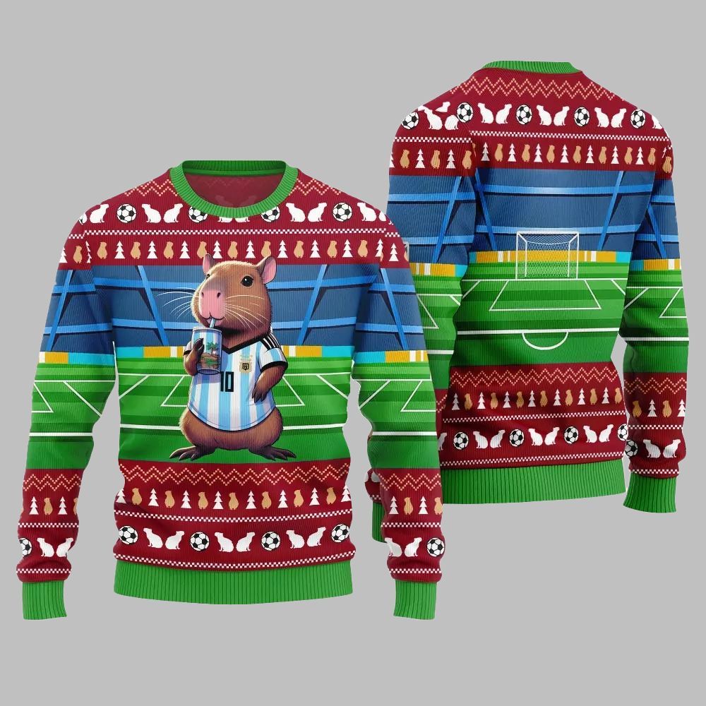 2025 Christmas Funny Capybara Football Ugly Christmas Sweater - Grishko.com