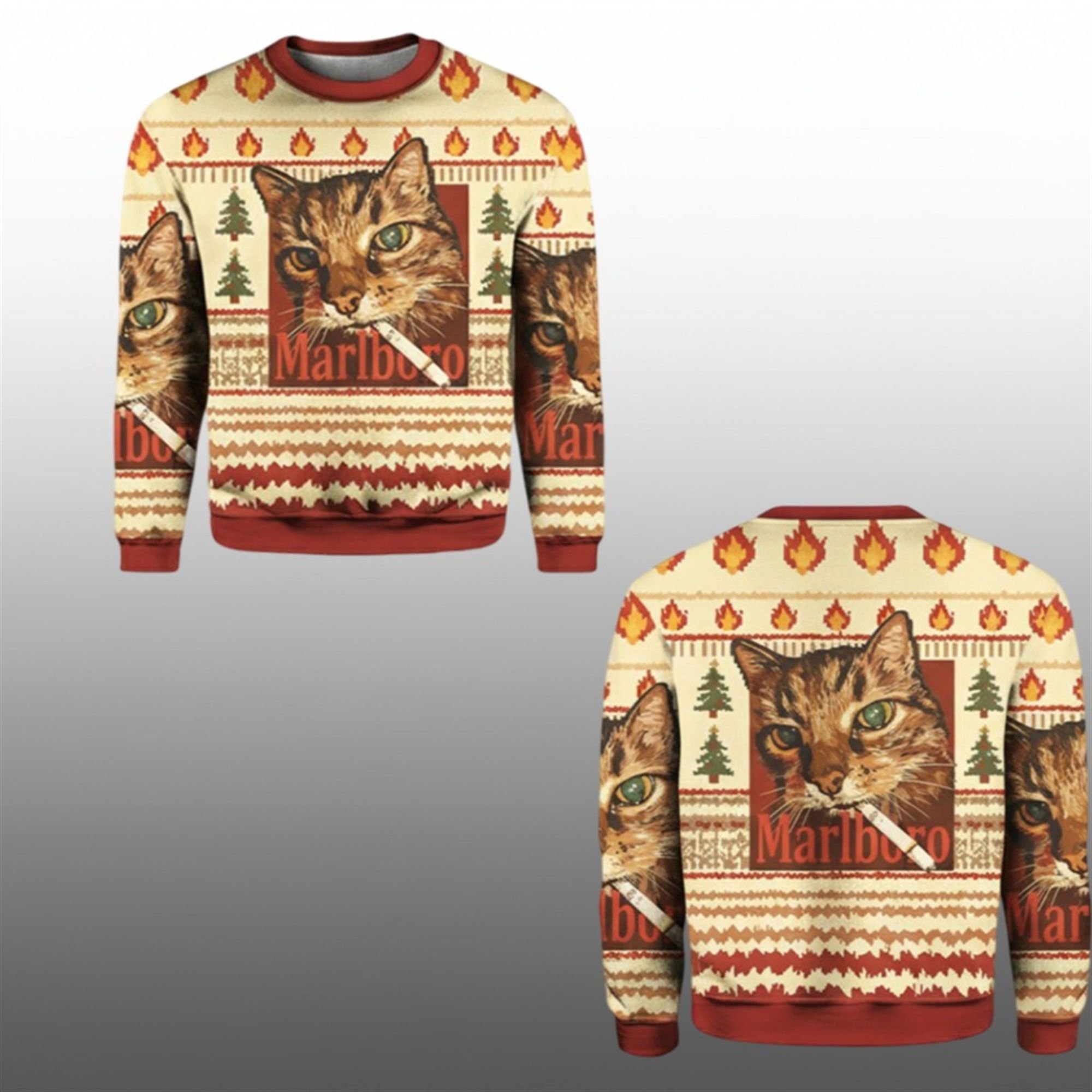 2025 Christmas Funny Smoking Cat Meme Marlboro Ugly Sweater - Grishko.com
