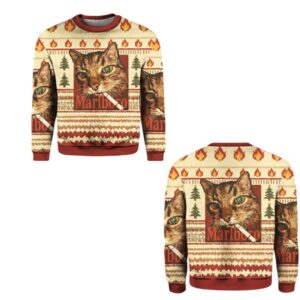 Alternative view of 2025 Christmas Funny Smoking Cat Meme Marlboro Ugly Sweater - Grishko.com