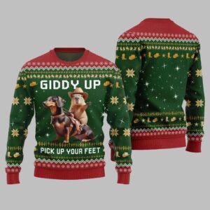 Alternative view of 2025 Christmas Giddy Up Pick Up Your Feet Capybara Dachshund Ugly Christmas Sweater - Grishko.com