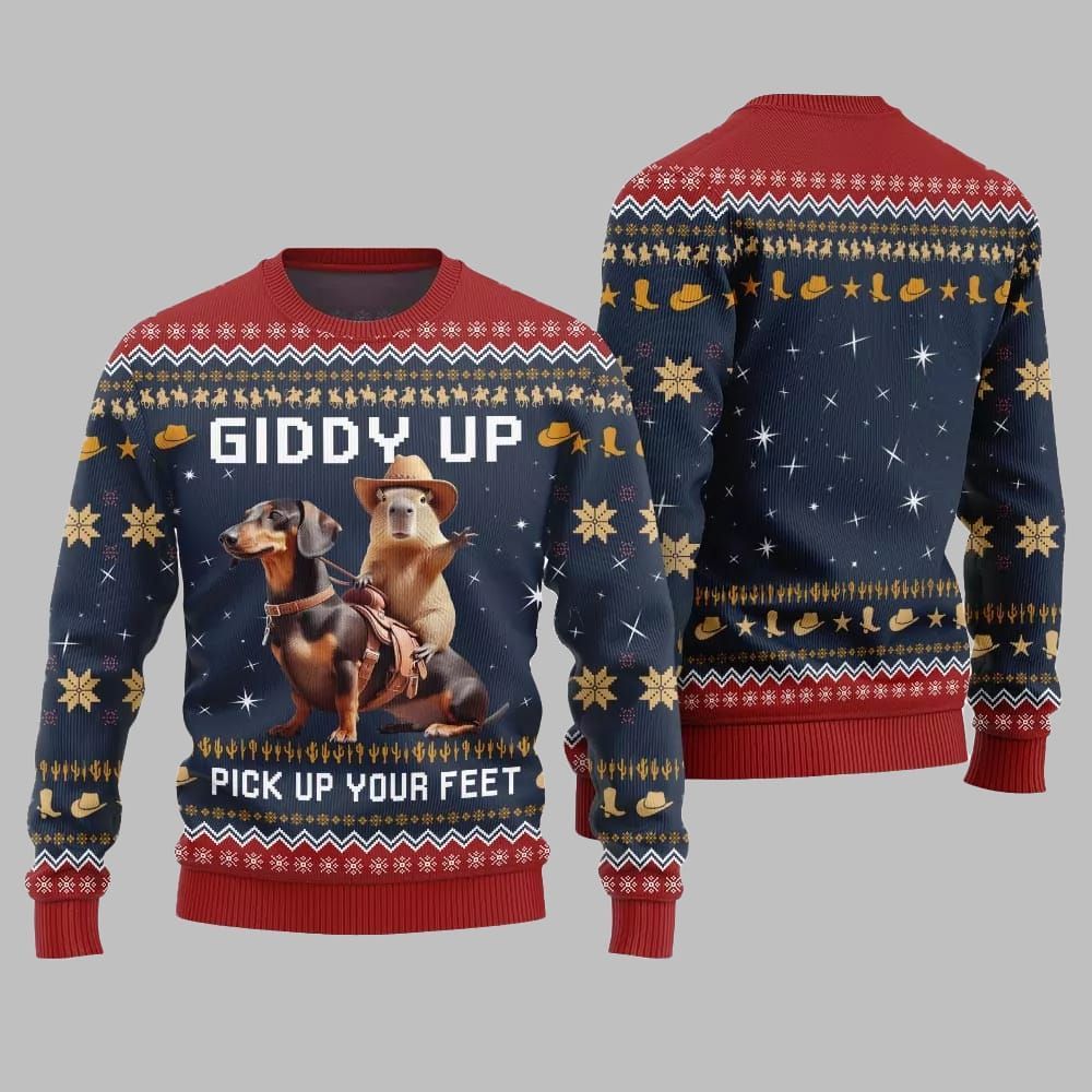 2025 Christmas Giddy Up Pick Up Your Feet Capybara Dachshund Ugly Christmas Sweater - Image 3