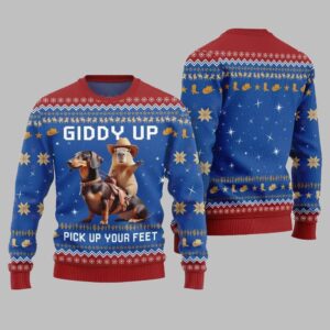 2025 Christmas Giddy Up Pick Up Your Feet Capybara Dachshund Ugly Christmas Sweater - Grishko.com