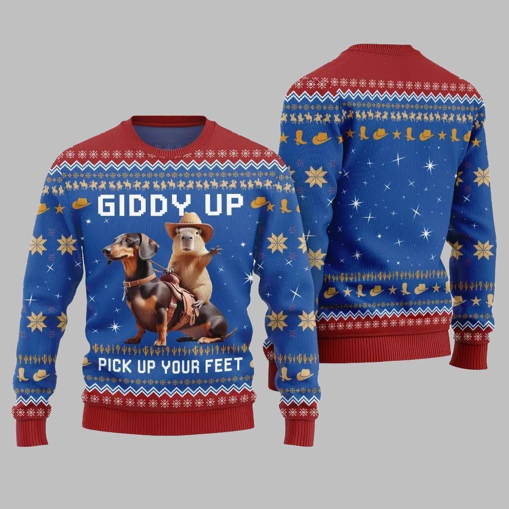 2025 Christmas Giddy Up Pick Up Your Feet Capybara Dachshund Ugly Christmas Sweater - Grishko.com