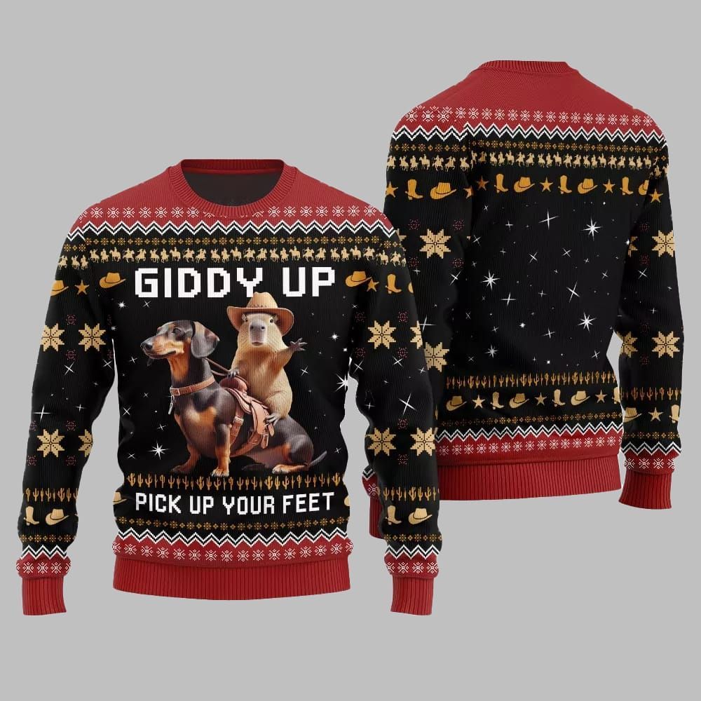 2025 Christmas Giddy Up Pick Up Your Feet Capybara Dachshund Ugly Christmas Sweater - Image 4