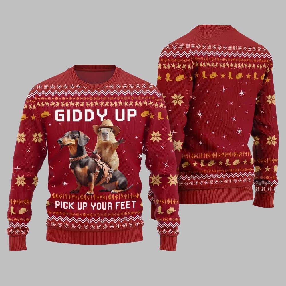 2025 Christmas Giddy Up Pick Up Your Feet Capybara Dachshund Ugly Christmas Sweater - Image 5