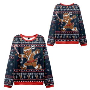Alternative view of 2025 Christmas Gingerbread Man Japanese Samurai Ugly Sweater - Grishko.com