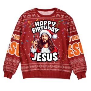 Alternative view of 2025 Christmas Go Jesus It's Your Birthday Christmas Ugly Sweater - Grishko.com