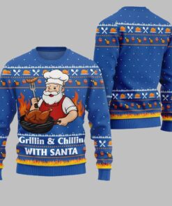 2025 Christmas Grillin Chillin With Santa Ugly Christmas Sweater  