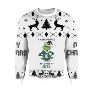 Alternative view of 2025 Christmas Grnch I Hate People But I Love My Jets Ugly Christmas Sweater - Grishko.com