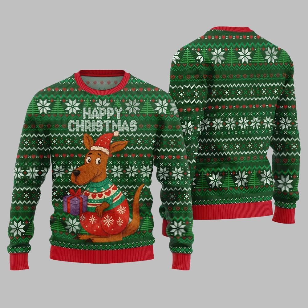2025 Christmas Happy Christmas Kangaroo Ugly Christmas Sweater - Grishko.com