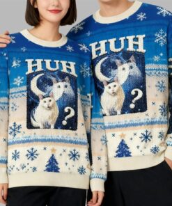 Alternative view of 2025 Christmas Huh Cat Funny Dank Meme Moon Ugly Sweater  