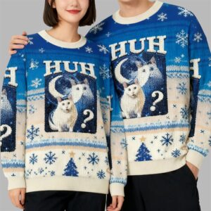 Alternative view of 2025 Christmas Huh Cat Funny Dank Meme Moon Ugly Sweater - Grishko.com