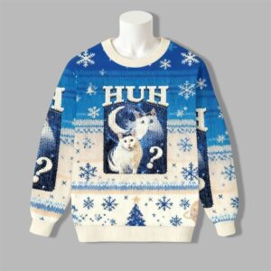 2025 Christmas Huh Cat Funny Dank Meme Moon Ugly Sweater - Grishko.com