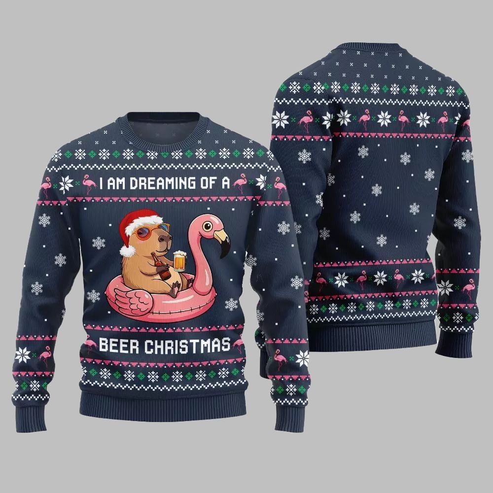 2025 Christmas I Am Dreaming Of A Beer Capybara Ugly Christmas Sweater - Image 4