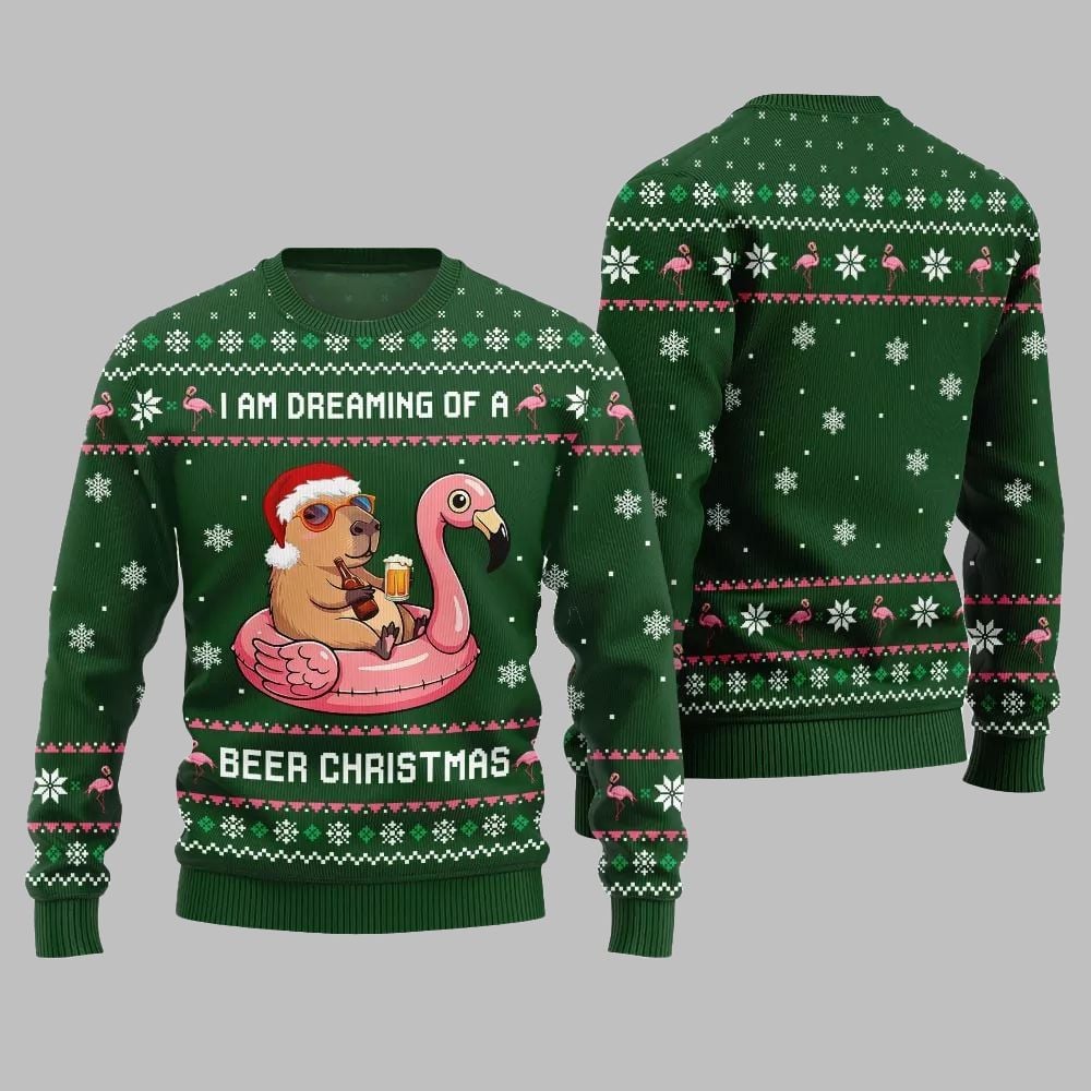 2025 Christmas I Am Dreaming Of A Beer Capybara Ugly Christmas Sweater - Image 3