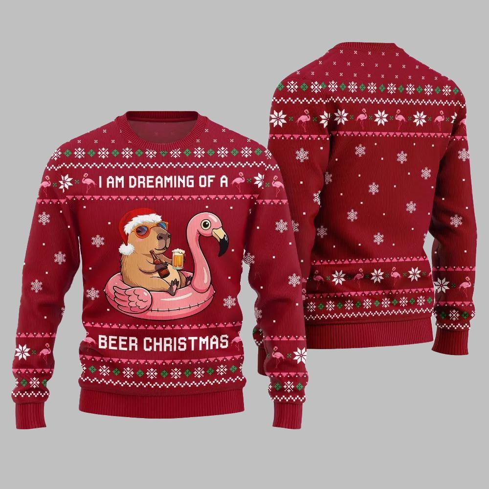 2025 Christmas I Am Dreaming Of A Beer Capybara Ugly Christmas Sweater - Image 5