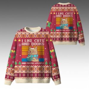 Alternative view of 2025 Christmas I Like Cats And Books And Maybe 3 People Ugly Sweater - Grishko.com