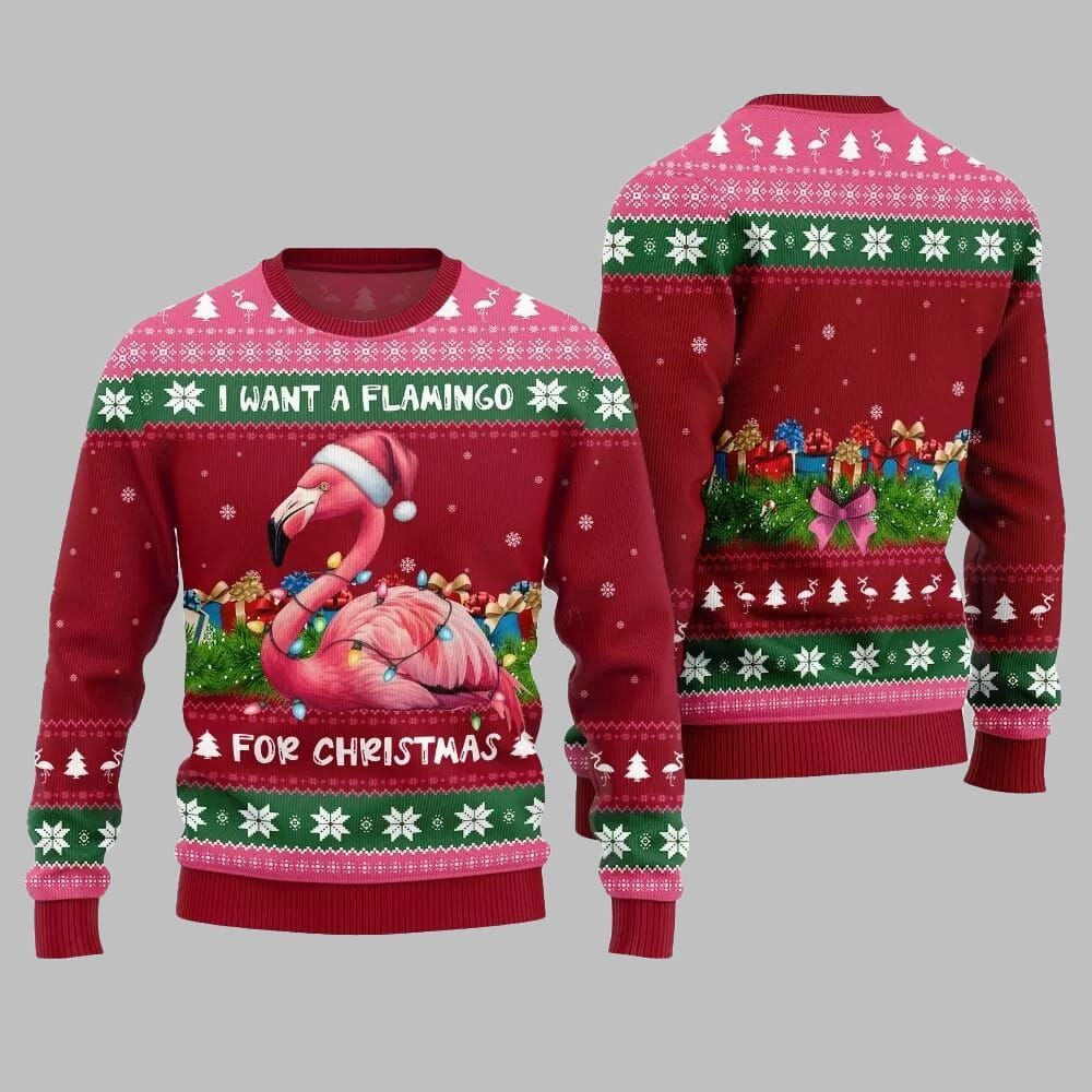 2025 Christmas I Want A Flamingo For Christmas Ugly Christmas Sweater - Image 3