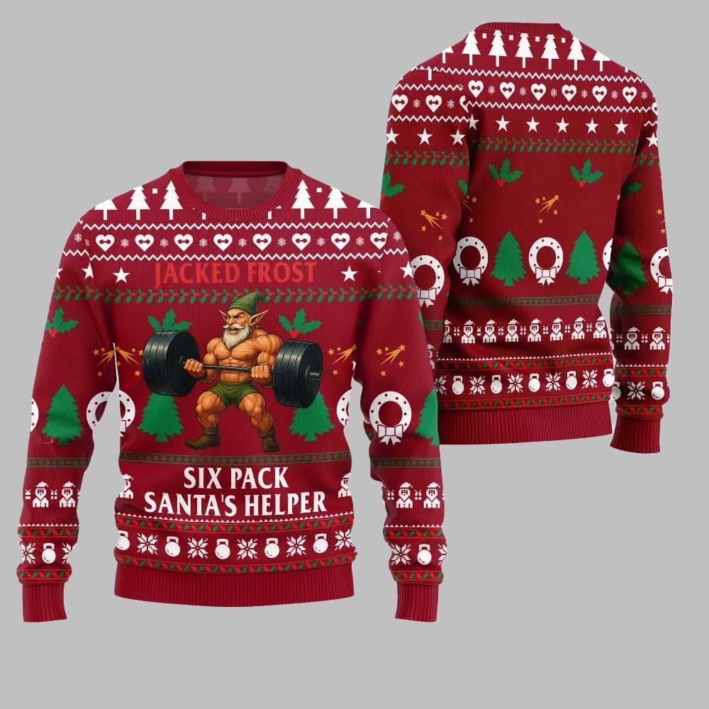 2025 Christmas Jacked Frost Six Pack Santas Helper Ugly Christmas Sweater - Image 5