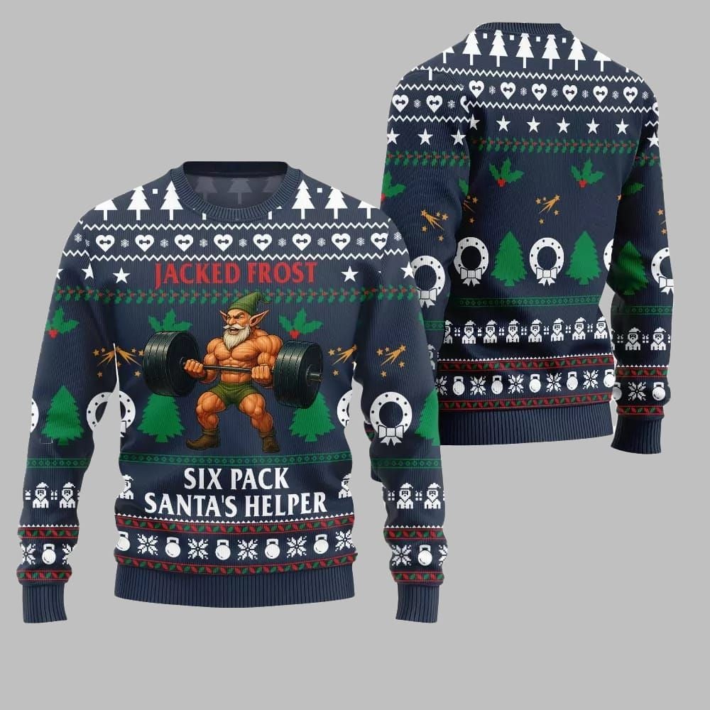2025 Christmas Jacked Frost Six Pack Santas Helper Ugly Christmas Sweater - Image 4